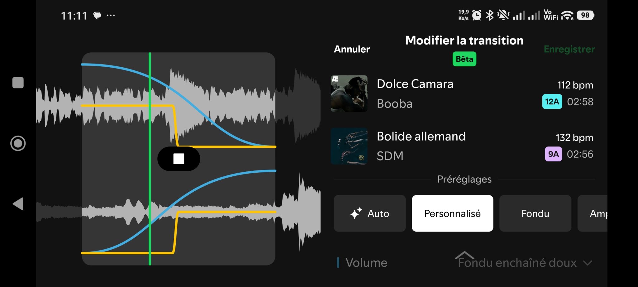 Capture du mode DJ Spotify avec contrôles de mixage et transitions automatiques