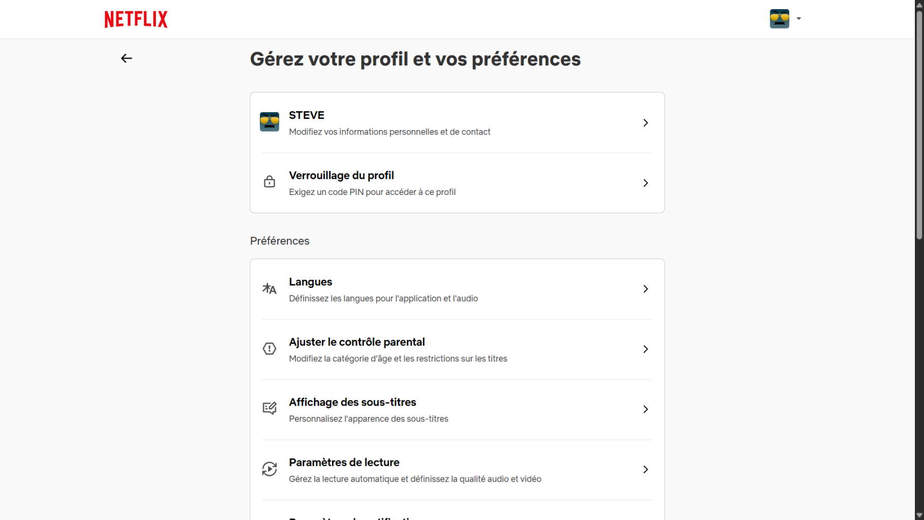 Page Mon compte Netflix sans option pour changer le pays du compte