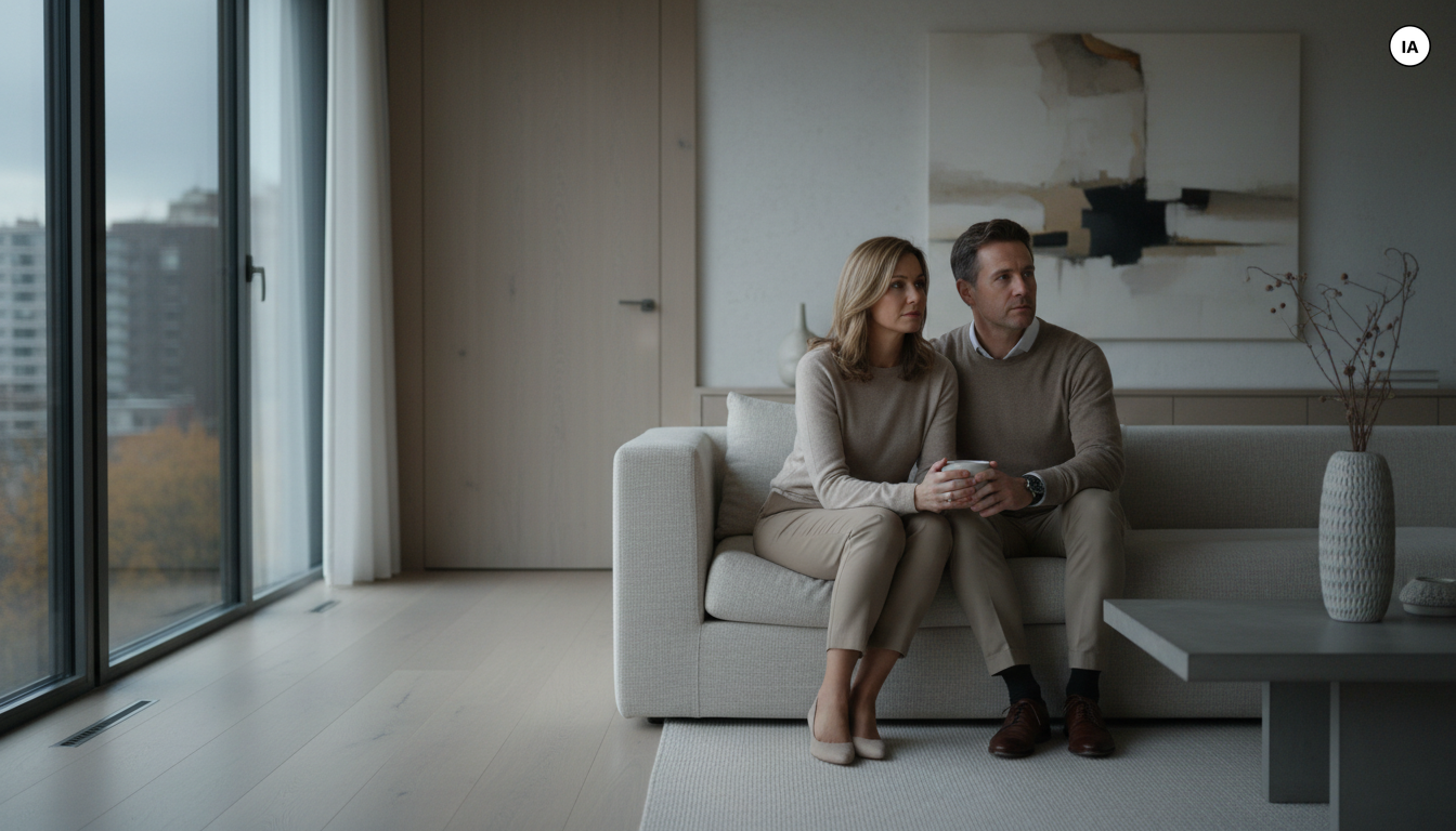Couple installé sur un canapé regardant une série Apple TV+ dans un salon épuré en soirée