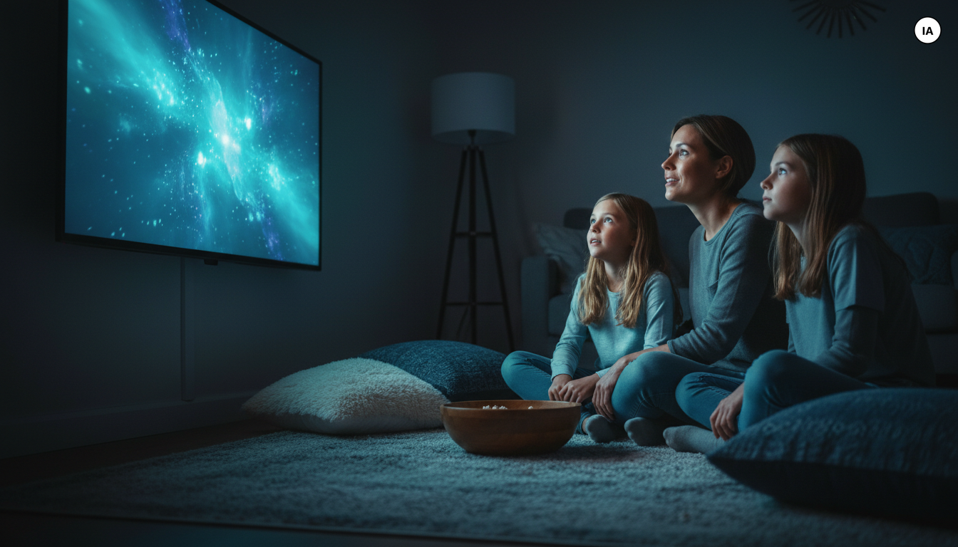 Famille regardant un film Disney+ sur un grand téléviseur dans un salon plongé dans la pénombre