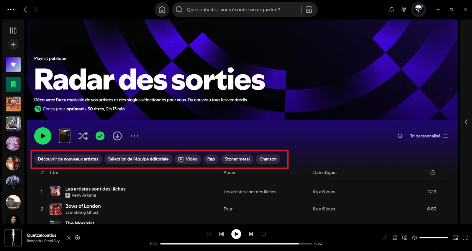 Filtres du Radar des sorties Spotify : découvrir de nouveaux artistes, sélection de l’équipe éditoriale, vidéo et genres musicaux