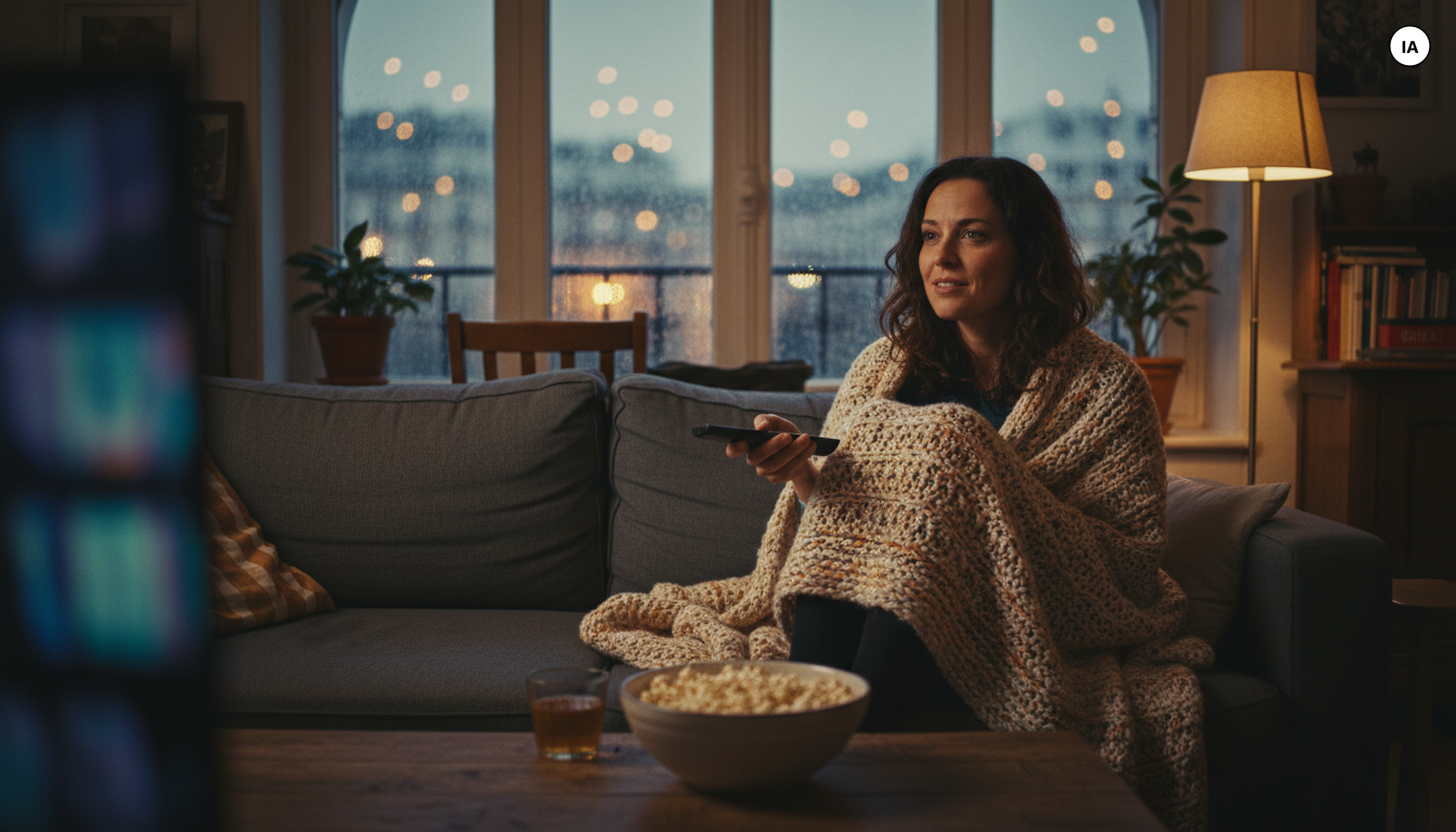 Femme installée sur un canapé, télécommande en main, lors d'une soirée pluvieuse de rentrée devant les nouveautés streaming