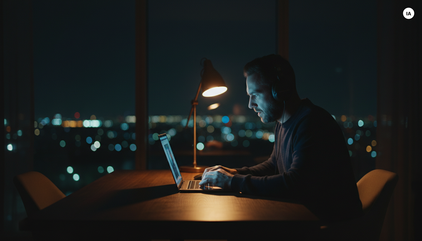 Homme casque sur les oreilles regardant une série Prime Video sur son ordinateur portable tard le soir dans un appartement sombre