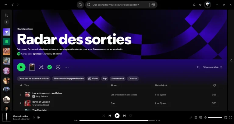 Playlist Radar des sorties de Spotify ouverte sur l'application bureau