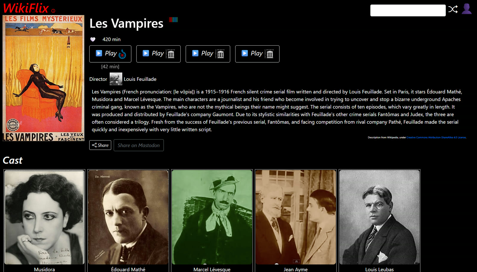 Fiche du film Les Vampires de Louis Feuillade sur Wikiflix avec ses quatre liens de visionnage