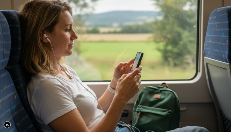 Femme qui regarde une série sur son smartphone dans un train, écouteurs sur les oreilles, paysage qui défile par la fenêtre