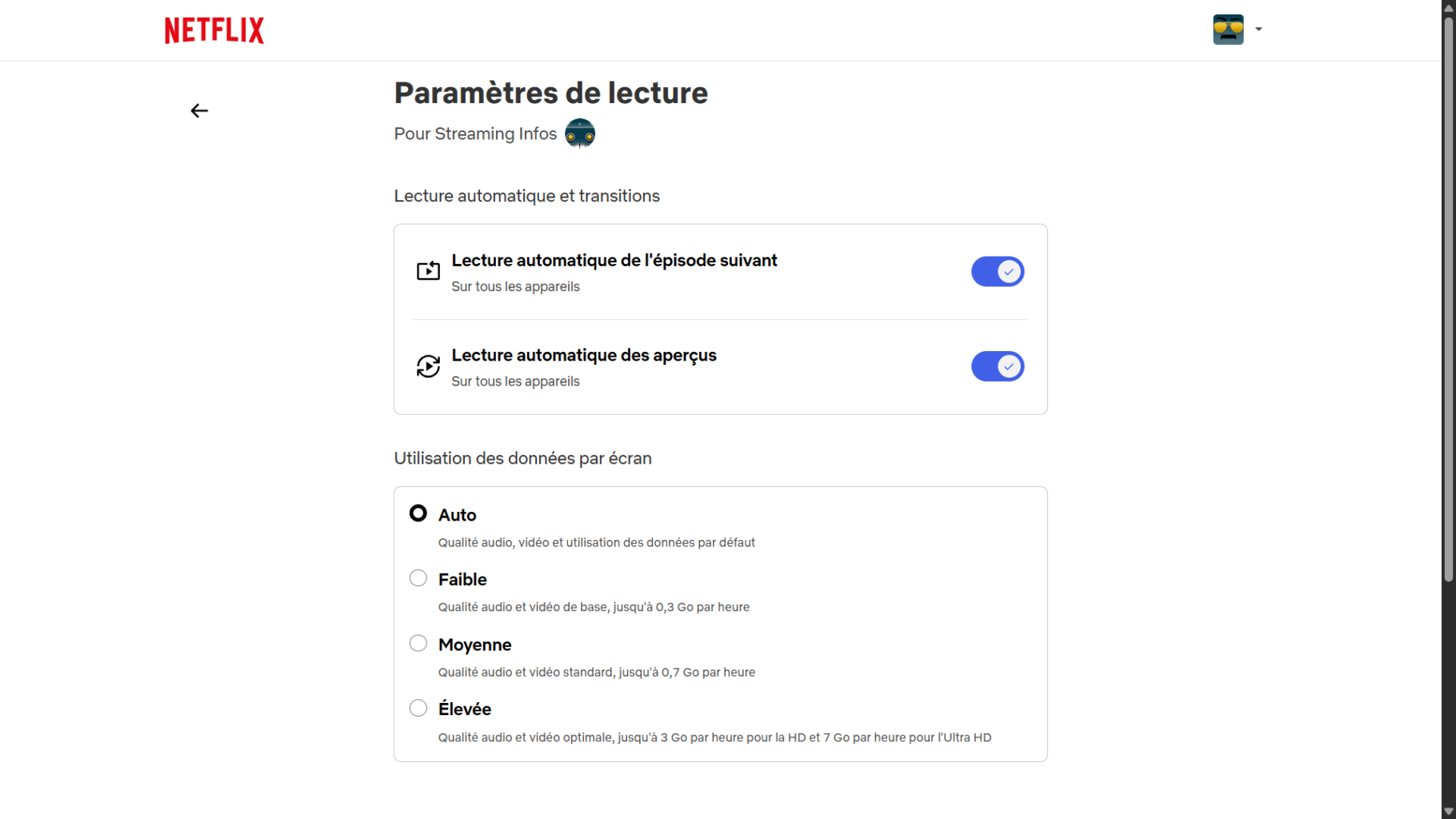 Capture des paramètres de lecture Netflix, menu Utilisation des données par écran pour régler la qualité vidéo